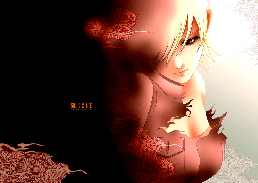 solid&etc, seras victoria, hellsing, 1girl, blonde hair, breasts, cleavage, female focus, gradient background, red eyes, solo, torn clothes