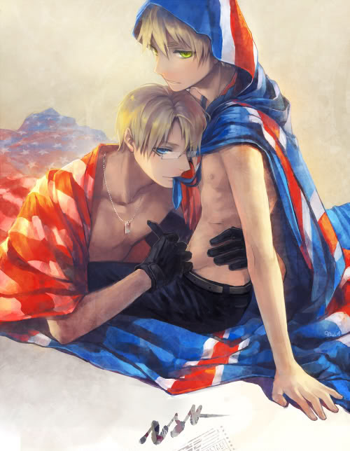 rei (sanbonzakura), america (hetalia), united kingdom (hetalia), axis powers hetalia, bad id, bad pixiv id, 00s, 2boys, american flag, belt, blonde hair, blue eyes, dog tags, flag, glasses, gloves, green eyes, male focus, mouth hold, multiple boys, thick eyebrows, topless male, union jack, yaoi