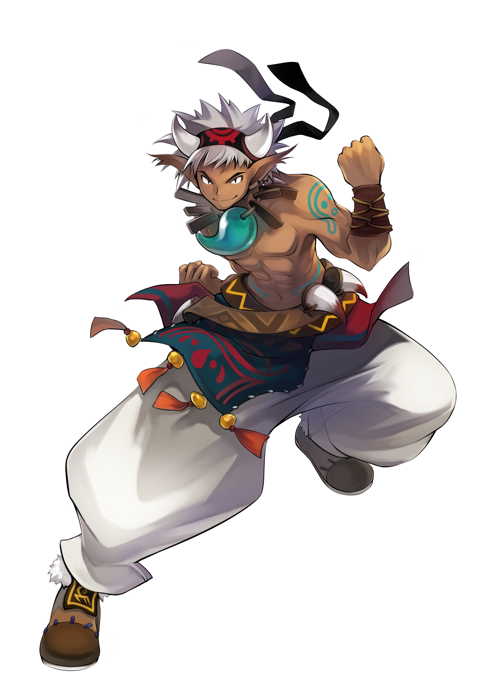 kawasumi (japonica), game arts, grandia, grandia online, silver hair, highres, official art, 1boy, dark-skinned male, dark skin, full body, horns, jewelry, male focus, necklace, pointy ears, solo, transparent background