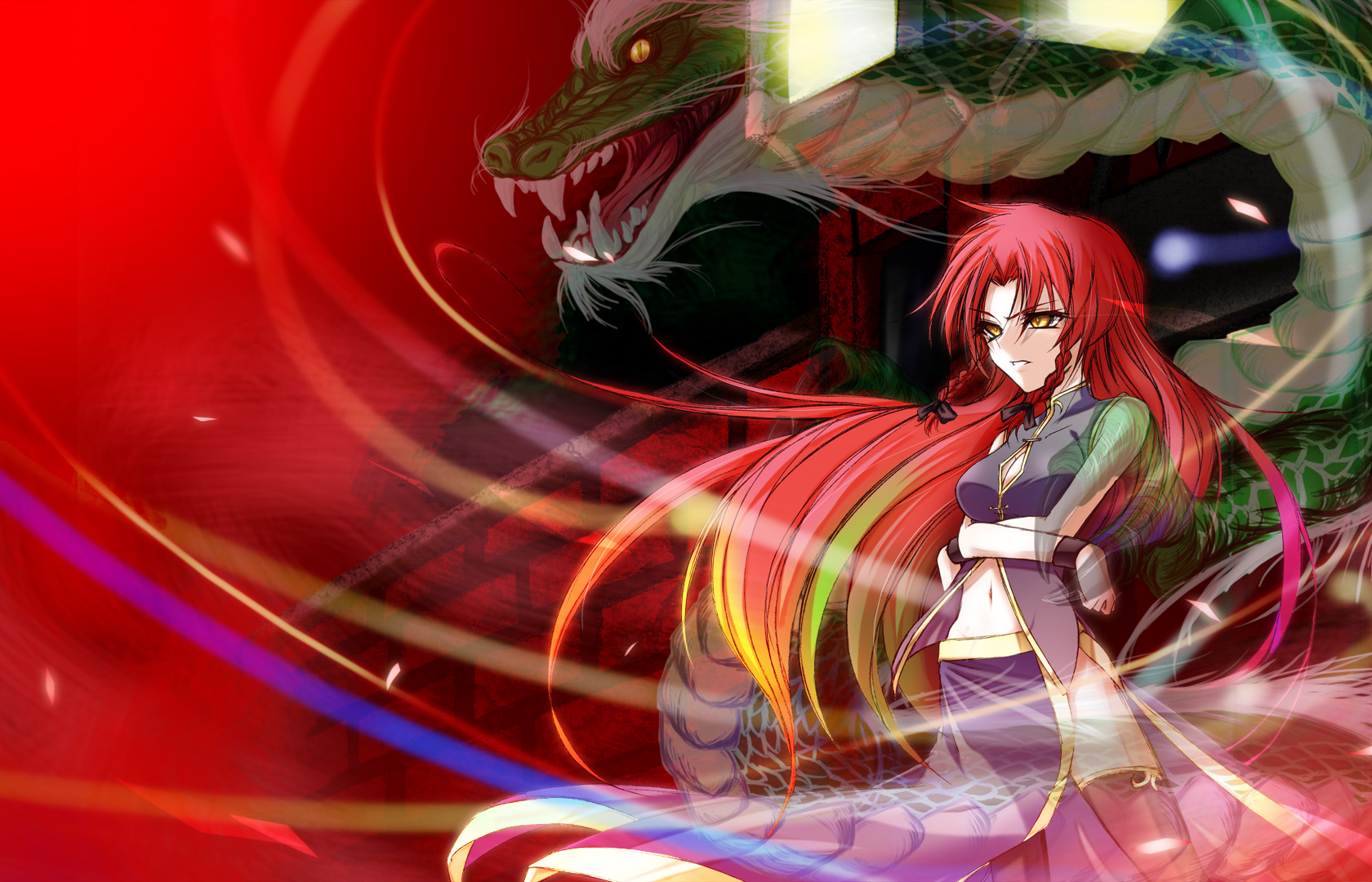 hazuki kasane, ex-meiling, hong meiling, immaterial and missing power, touhou, highres, 1girl, braid, china dress, chinese clothes, dragon, dress, eastern dragon, female focus, long hair, multicolored hair, red hair, solo, thighhighs, twin braids, yellow eyes