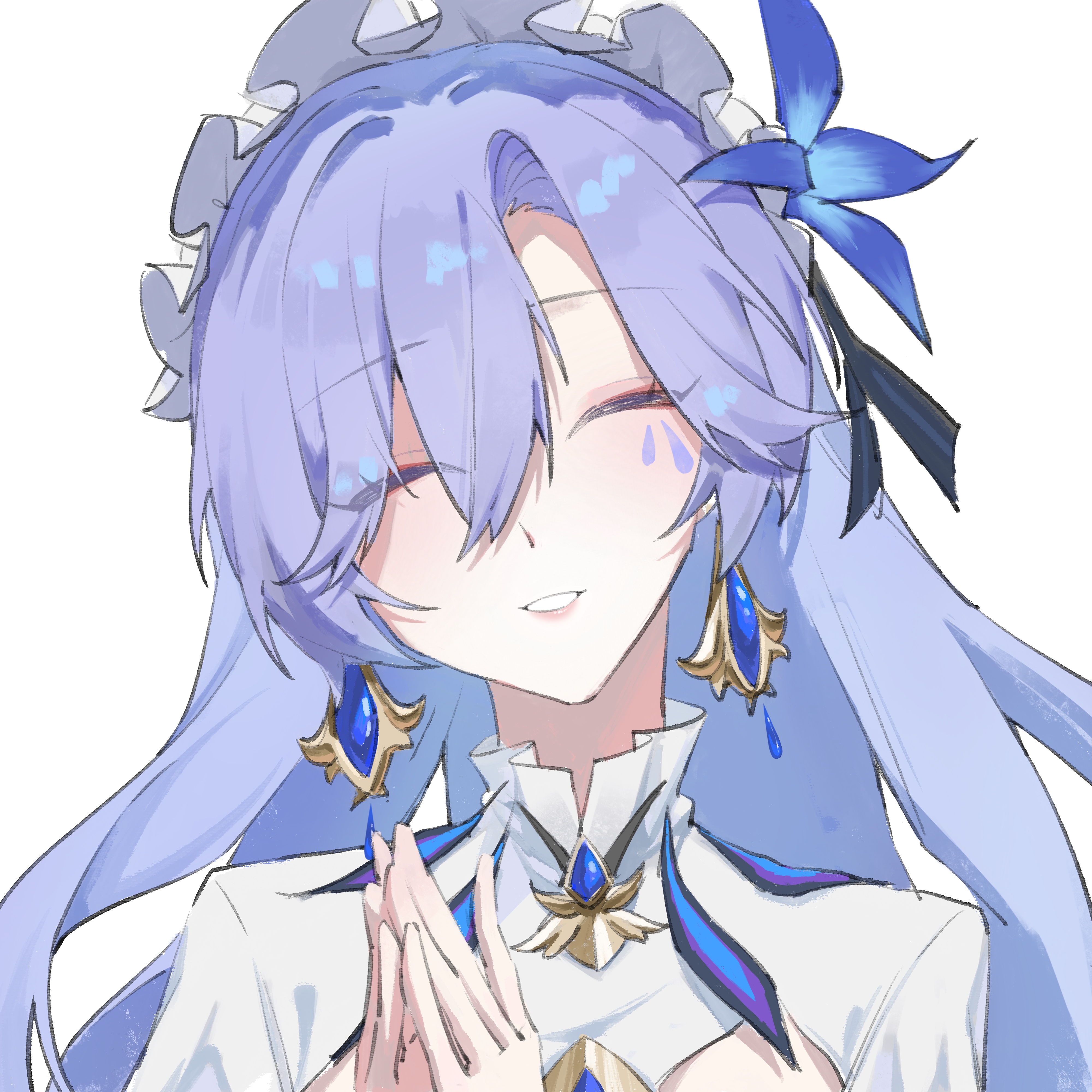 youmiao oxo, cantarella (wuthering waves), wuthering waves, absurdres, chinese commentary, commentary request, highres, 1girl, blue flower, closed eyes, earrings, facial mark, facing viewer, flower, hair between eyes, hair flower, hair ornament, headdress, jewelry, long hair, mark under eye, own hands together, parted lips, portrait, purple hair, shrug (clothing), smile, solo, white shrug