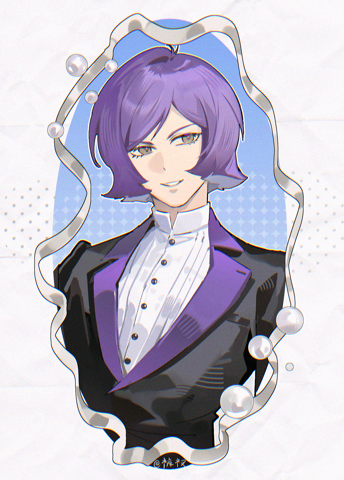 kucha (ynn6c), garma zabi, gundam, mobile suit gundam, chinese commentary, commentary, highres, 1boy, alternate costume, black jacket, border, chromatic aberration, film grain, formal clothes, grey eyes, grin, high collar, jacket, lapels, looking at viewer, male focus, notched lapels, ornate border, outline, purple hair, round border, round image, shirt, short hair, smile, solo, suit, upper body, white border, white outline, white shirt