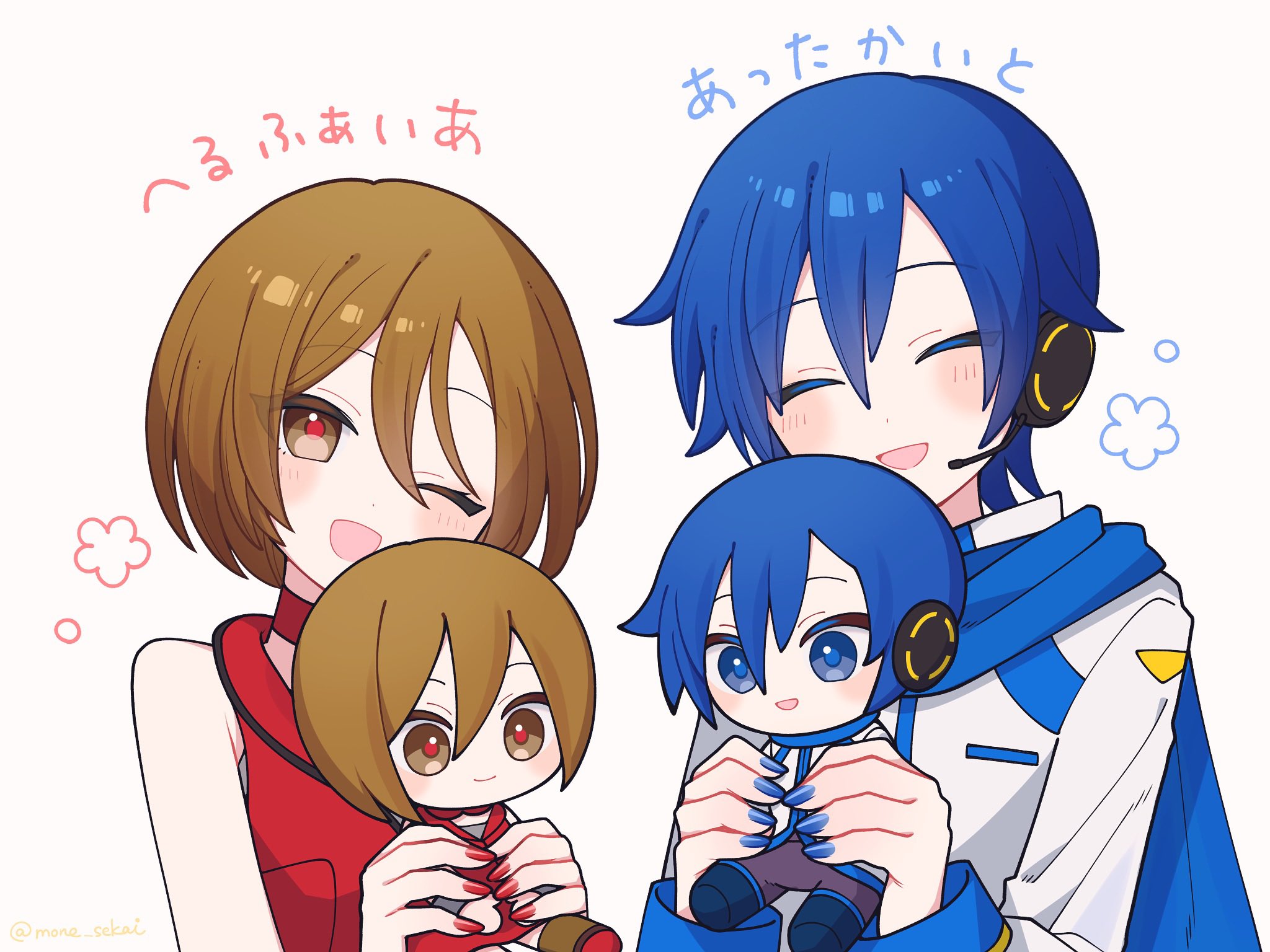 mone sekai, kaito (vocaloid), meiko (vocaloid), vocaloid, commentary request, highres, translation request, 1boy, 1girl, blue hair, blush, brown eyes, brown hair, character doll, choker, closed eyes, colored eyelashes, doll, headphones, headset, holding, holding doll, jacket, looking at viewer, nail polish, one eye closed, open mouth, scarf, shirt, short hair, sleeveless, sleeveless shirt, smile