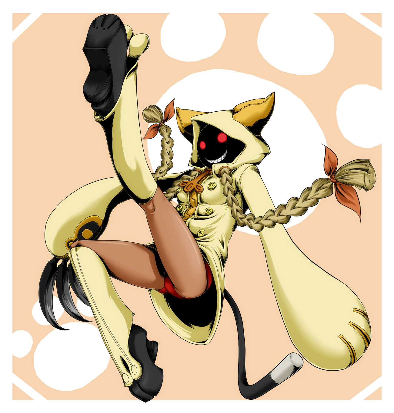 takahei73 (pixiv82604), taokaka, arc system works, blazblue, highres, animal ears, blonde hair, braid, cat ears, cat tail, claws, grin, hood, long hair, panties, red eyes, ribbon, smile, tail, twin braids, underwear