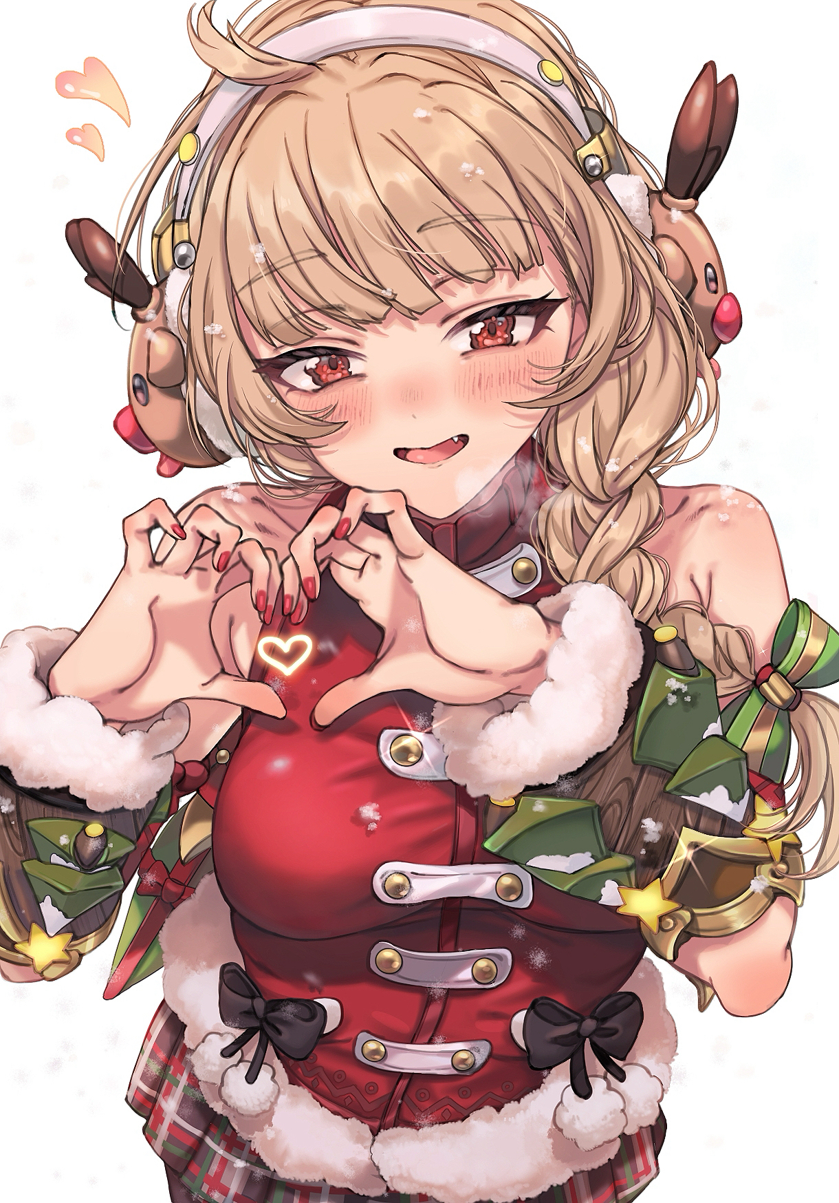 kayanogura, juno (overwatch), overwatch, highres, 1girl, :d, bare shoulders, blush, braid, breasts, brown hair, earmuffs, fang, fur-trimmed jacket, fur trim, hair over shoulder, hands up, heart, heart hands, jacket, looking at viewer, medium breasts, nail polish, open mouth, plaid clothes, plaid skirt, pleated skirt, red eyes, red jacket, red nails, simple background, skirt, sleeveless, sleeveless jacket, smile, solo, white background