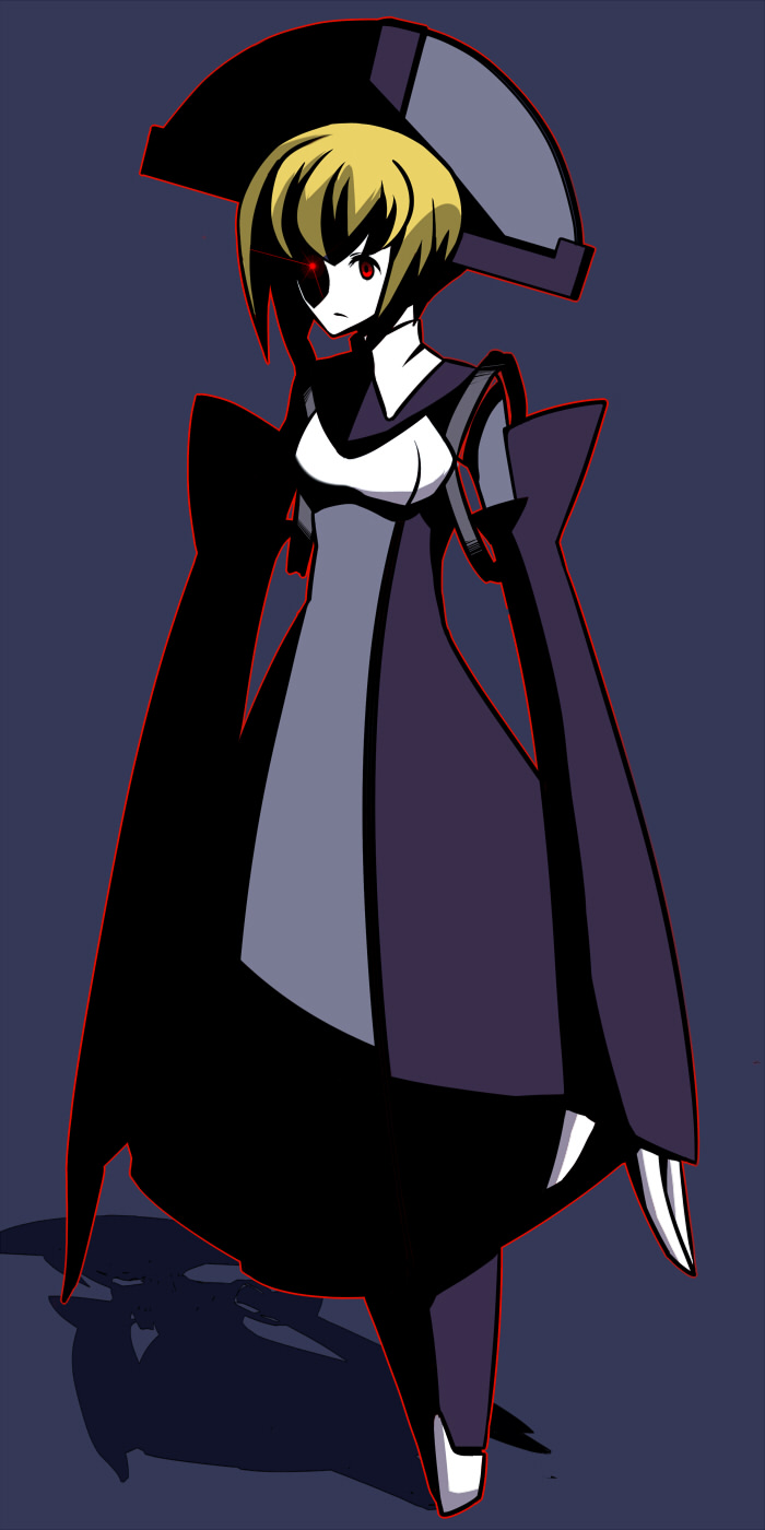 iguana, nirvana (blazblue), arc system works, blazblue, highres, blonde hair, claws, dress, headdress, long arms, marionette, puppet, red eyes, robot, short hair