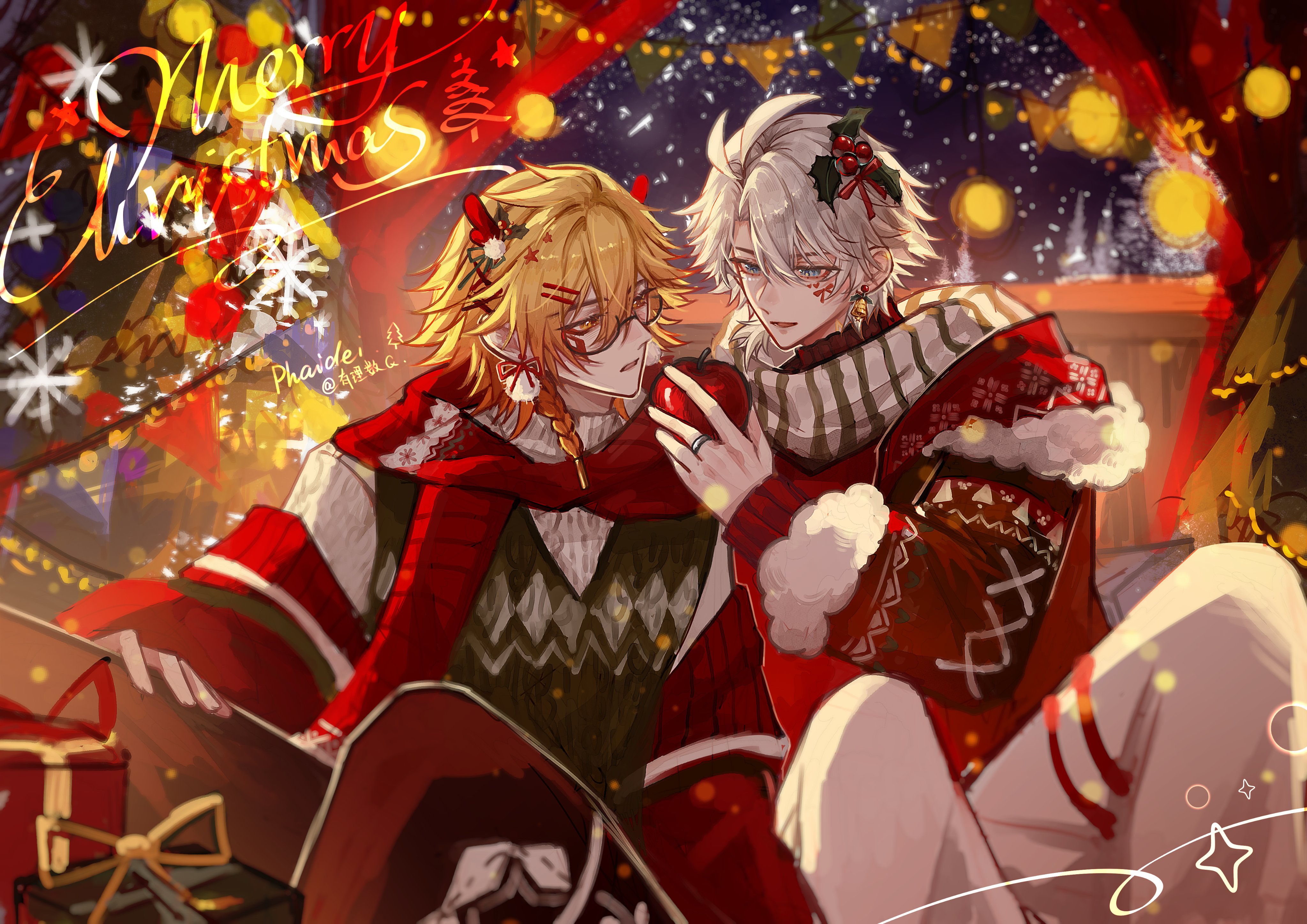 mydei (honkai: star rail), phainon (honkai: star rail), honkai: star rail, honkai (series), absurdres, commentary request, highres, 2boys, apple, blue eyes, christmas, food, fruit, fur trim, gift, glasses, holding, holding food, holding fruit, jewelry, long sleeves, merry christmas, multiple boys, open mouth, orange eyes, pants, ring, star (sky), watermark, white hair, white pants, ylgfscu47505