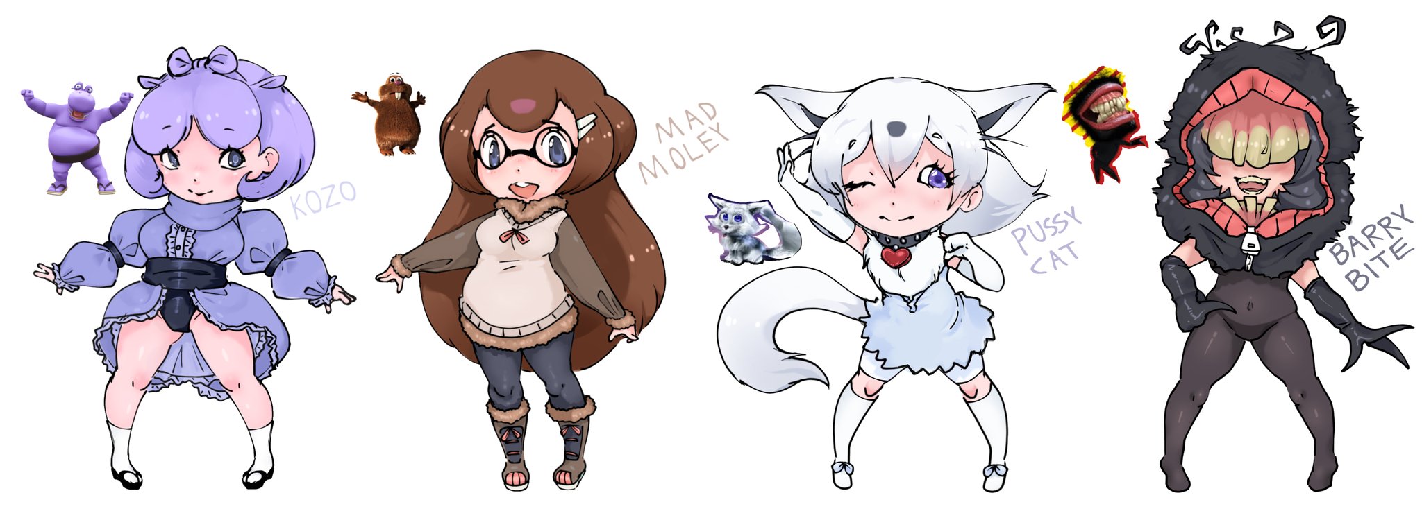 kemono friends, original, black bodystocking, highres, 4girls, animal ears, barry bite (jamba), black gloves, black hair, black hood, blonde hair, blue bow, blue skirt, bodystocking, boots, bow, bowtie, bra, breasts, brown hair, brown sleeves, buck teeth, cat ears, cat girl, cat tail, chibi, chibi only, choker, closed mouth, collar, colored teeth, crossover, dress, fake whiskers, flip-flops, fluffy clothes, fluffy legwear, frilled dress, frilled shirt collar, frilled skirt, frilled sleeves, frills, genderswap, genderswap (mtf), glasses, gloves, grey eyes, hair ornament, hairclip, heart, heart choker, hippopotamus ears, hood, humanization, jamba jamster, jewelry, kozo (jamba), large breasts, long hair, long sleeves, multicolored hair, multiple girls, necklace, one eye closed, open mouth, pink hair, puffy sleeves, purple eyes, purple hair, purple hippo, pussycat (jamba), rene la taupe (jamba), sandals, short eyebrows, short hair, shorts, skirt, socks, stretching, sweater, tail, teeth, thick eyebrows, underwear, white gloves, white hair, white shorts, white socks, yellow teeth, yoshizaki mine (style), zipper