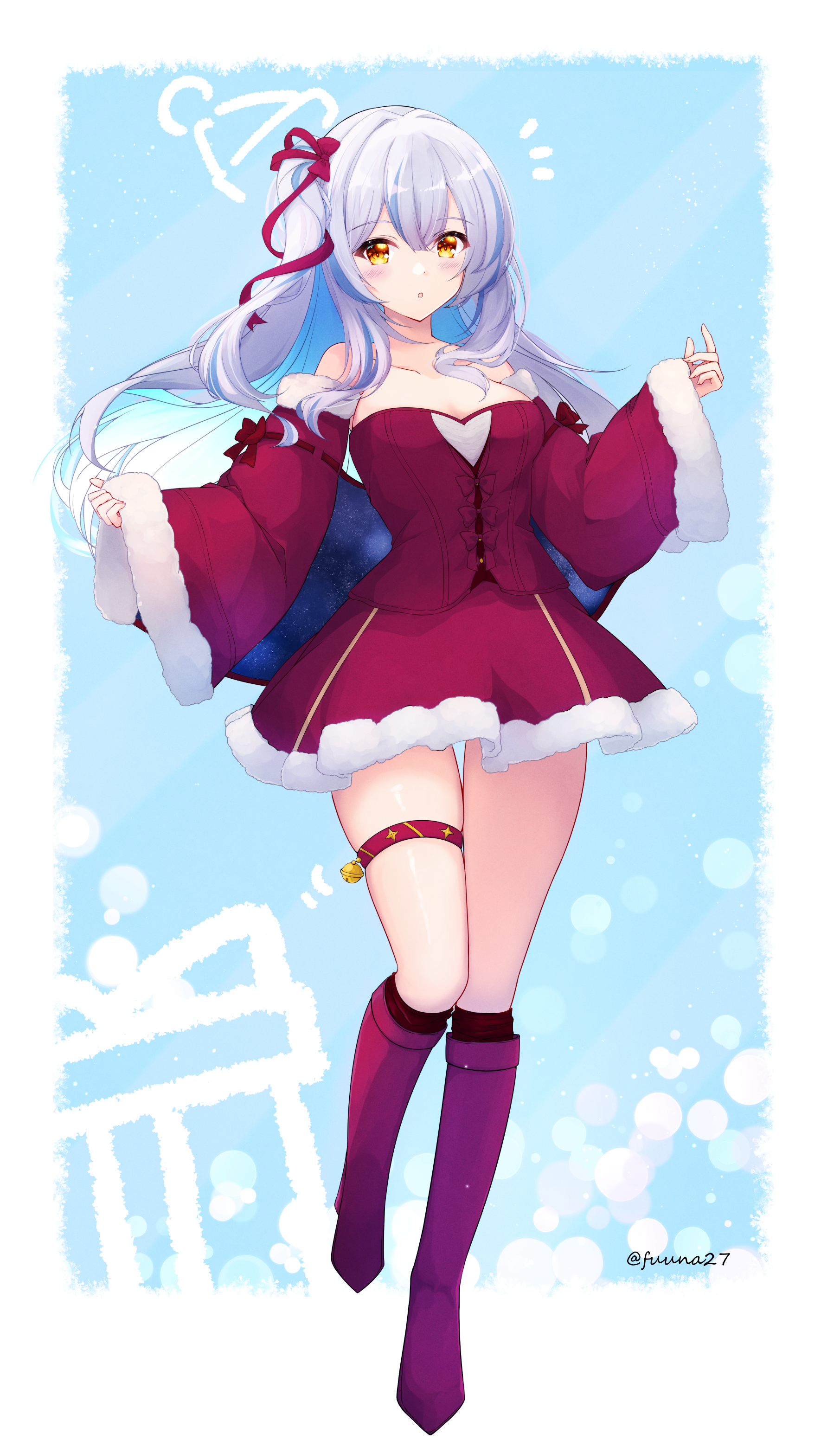 fuuna, original, absurdres, commentary request, highres, 1girl, :o, bare shoulders, blue hair, boots, breasts, brown eyes, brown socks, christmas, cleavage, collarbone, detached sleeves, dress, fur-trimmed dress, fur-trimmed sleeves, fur trim, grey hair, knee boots, kneehighs, long sleeves, looking at viewer, medium breasts, multicolored hair, notice lines, one side up, parted lips, pinching sleeves, red boots, red dress, red sleeves, santa costume, sleeves past wrists, socks, solo, strapless, strapless dress, twitter username, two-tone hair, wide sleeves