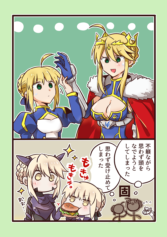 tsuchiya madose, artoria pendragon (fate), artoria pendragon (lancer) (fate), artoria pendragon (lancer alter) (fate), saber (fate), saber alter, fate/grand order, fate (series), commentary request, translation request, 4girls, ahoge, armor, blonde hair, braid, breasts, burger, dress, eating, food, green eyes, long hair, multiple girls, smile