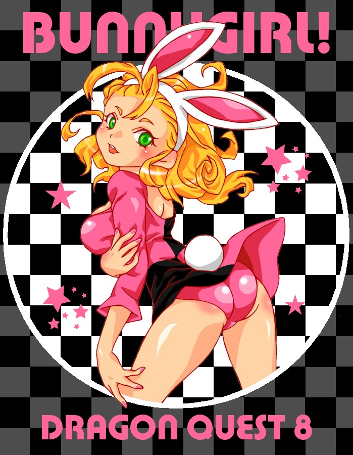 lento, bunny girl (dq8), dragon quest, dragon quest viii, square enix, breast hold, character request, 1girl, animal ears, ass, blonde hair, blush, breasts, copyright name, fake animal ears, female focus, green eyes, panties, pantyshot, playboy bunny, rabbit ears, rabbit girl, skirt, smile, solo, star (symbol), tail, underwear, upskirt