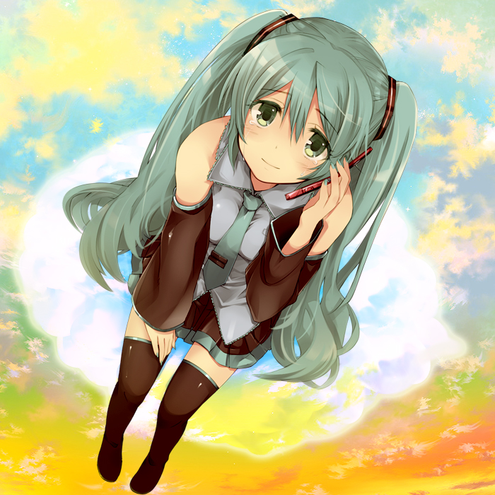 fujita yamari, hatsune miku, vocaloid, bad id, bad pixiv id, 1girl, aqua eyes, aqua hair, cellphone, female focus, full body, legs, long hair, necktie, phone, sitting, solo, tears, thighhighs, twintails