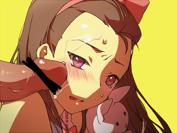 sayonara, minase iori, idolmaster, idolmaster (classic), 00s, 1girl, bad aim, blush, censored, cheek poking, cum, cum on body, facial, loli, penis, penis on face, pointless censoring, poking, solo focus, stuffed animal, stuffed toy, sweatdrop, tears