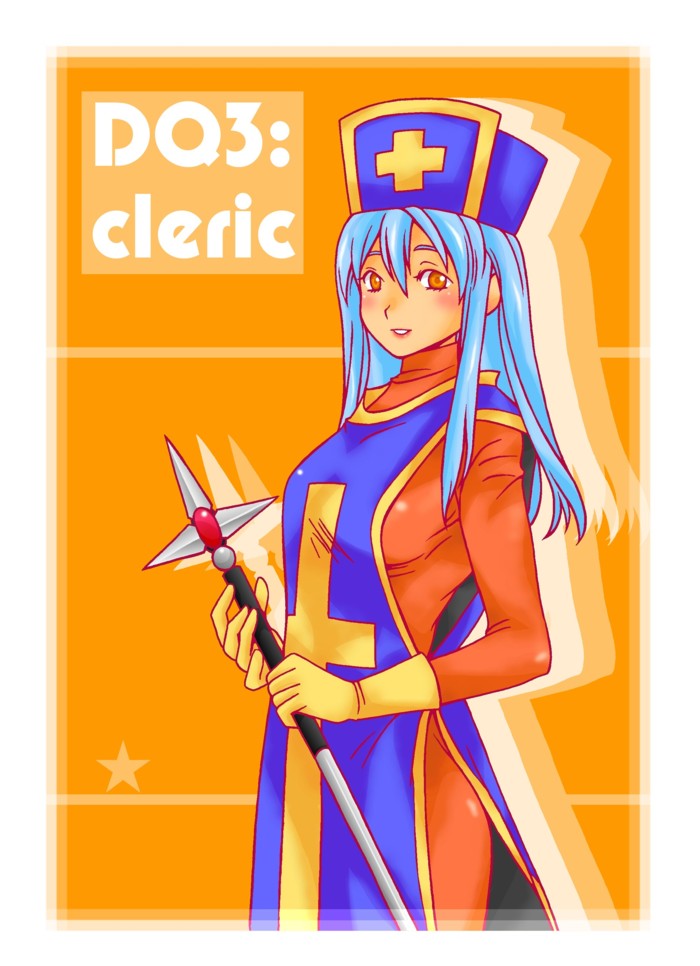 lento, priest (dq3), chunsoft, dragon quest, dragon quest iii, enix, 1girl, blue hair, blush, bodysuit, character name, copyright name, cross, female focus, gloves, hat, latex, latex gloves, long hair, mitre, orange background, orange eyes, smile, solo, staff, tabard