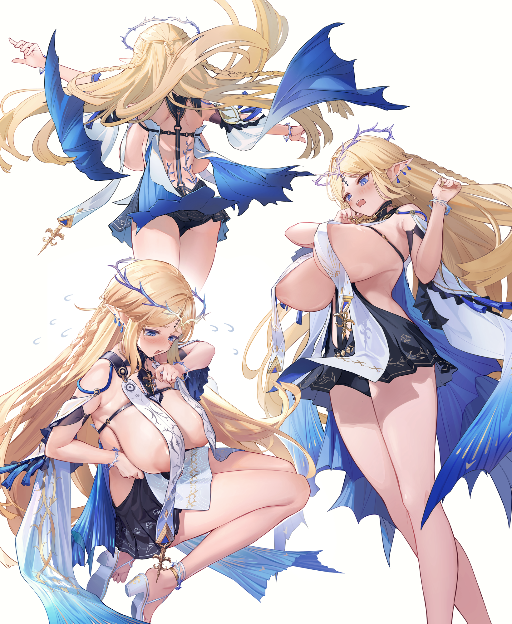 u-suke (supertie), cartethyia (wuthering waves), wuthering waves, commentary request, highres, 1girl, alternate breast size (larger), areola slip, blonde hair, blue eyes, blush, bracelet, braid, breast curtains, breasts, crown of thorns, earrings, flying sweatdrops, high heel sandals, huge breasts, jewelry, large breasts, long hair, multiple earrings, multiple views, pointy ears, sandals, simple background, solo, tacet mark (wuthering waves), very long hair, white background