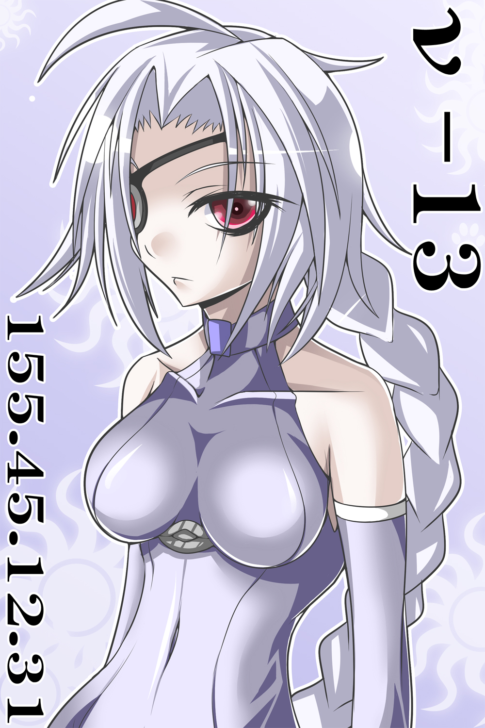 yumenoko nagaya, arc system works, blazblue, silver hair, highres, bodysuit, braid, detached sleeves, eyepatch, long hair, red eyes, skin tight