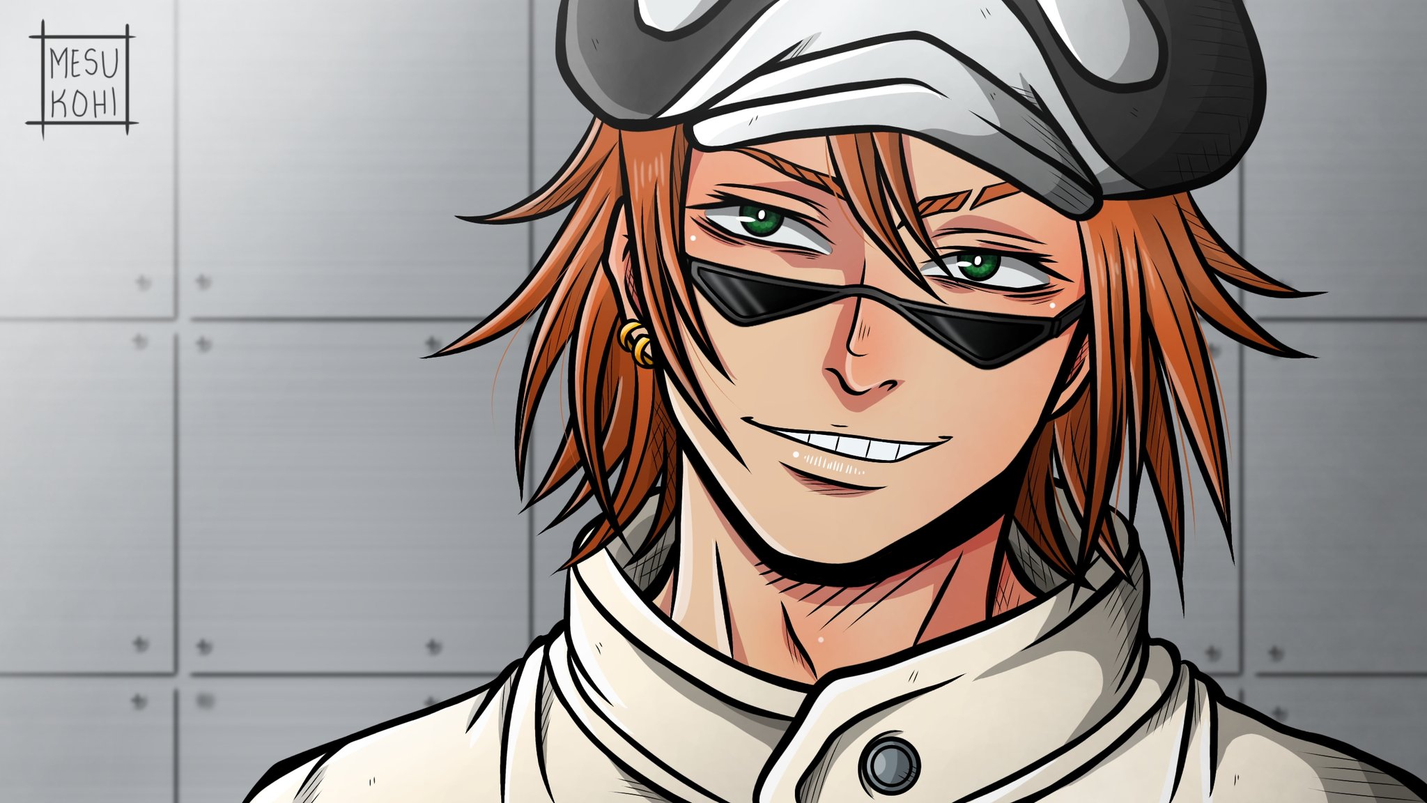 mesukohi, shachi (one piece), one piece, commentary, highres, 1boy, earrings, green hair, hair between eyes, hat, jewelry, jumpsuit, looking to the side, male focus, orange hair, short hair, smile, solo, sunglasses, watermark, white jumpsuit