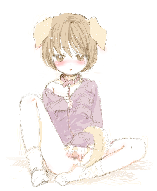ogawa hidari, original, bad id, bad pixiv id, 1girl, animal ears, bare shoulders, blush, censored, dog ears, dog tail, female focus, leash, loli, mosaic censoring, oekaki, off shoulder, pussy, sitting, sketch, socks, solo, spread pussy, spreading own pussy, tail