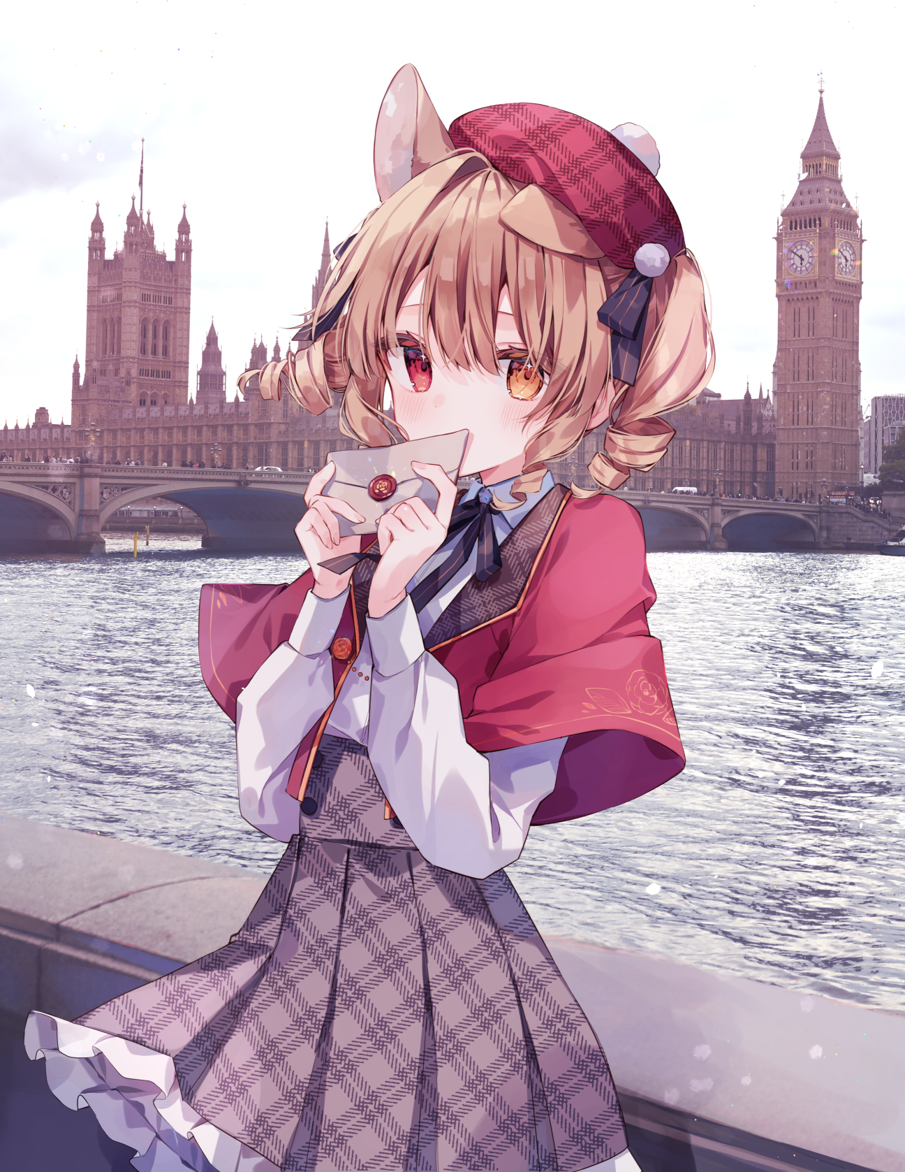 heripiro, original, commentary request, highres, mixed media, 1girl, animal ears, beret, black bow, black ribbon, blonde hair, blush, bow, bridge, capelet, cat ears, cat girl, collared shirt, cowboy shot, day, double-parted bangs, elizabeth tower, frilled skirt, frills, grey skirt, hair between eyes, hair bow, hat, heterochromia, holding, holding letter, letter, london, long sleeves, looking at viewer, neck ribbon, outdoors, photo background, plaid clothes, plaid hat, plaid skirt, pleated skirt, red capelet, red eyes, red hat, ribbon, river, shirt, short hair, skirt, solo, two side up, white shirt, yellow eyes