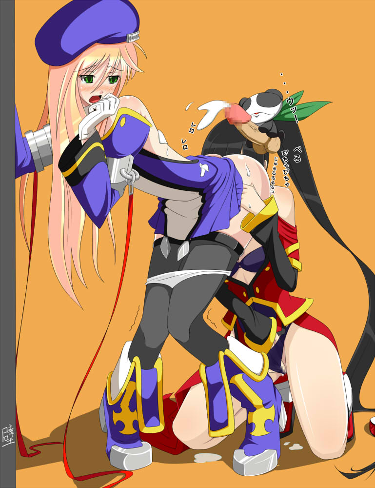 kotuzui yositune, litchi faye ling, noel vermillion, arc system works, blazblue, blazblue: calamity trigger, bisexual, hand in panties, 2girls, beret, bisexual female, black hair, blonde hair, blush, censored, cum, cum on body, cum on clothes, cum on upper body, cunnilingus, green eyes, hat, long hair, masturbation, multiple girls, open mouth, oral, panda, panties, penis, red ribbon, ribbon, thighhighs, underwear, very long hair, what