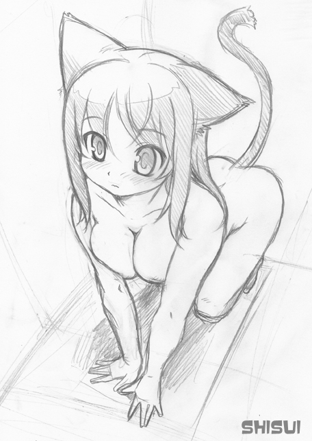 shisui, original, graphite (medium), traditional media, 1girl, all fours, animal ears, artist name, blush, breasts, cat ears, cat tail, cleavage, female focus, foreshortening, greyscale, monochrome, nude, perspective, solo, tail