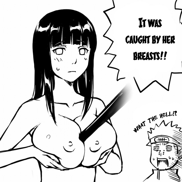 mosha, hyuuga hinata, pain (naruto), pain (tendo), naruto (series), naruto shippuuden, hard-translated, spoilers, third-party edit, translated, 1boy, 1girl, between breasts, black hair, blush, breasts, breasts squeezed together, forehead protector, headband, huge breasts, large breasts, long hair, monochrome, piercing, rinnegan, short hair