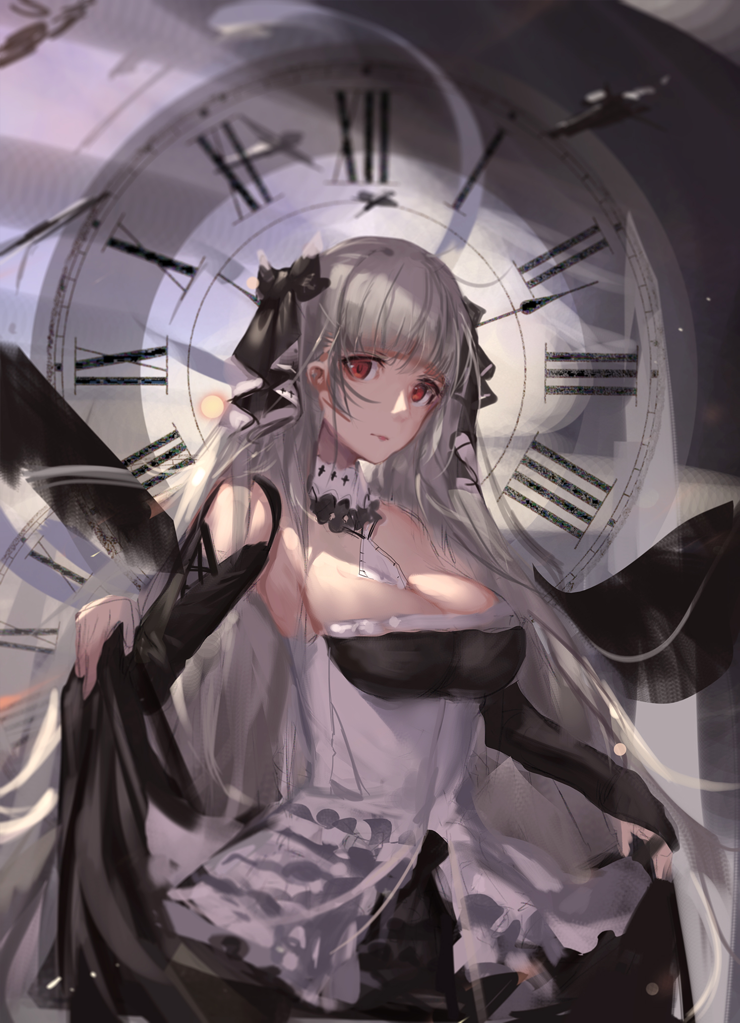 yk93, formidable (azur lane), azur lane, commentary, english commentary, highres, 1girl, bare shoulders, between breasts, black dress, black ribbon, breasts, clock, clothing cutout, cowboy shot, dress, frilled dress, frills, grey hair, hair ribbon, long sleeves, looking at viewer, necktie, necktie between breasts, red eyes, ribbon, roman numeral, shoulder cutout, solo, twintails, two-tone dress, wide sleeves
