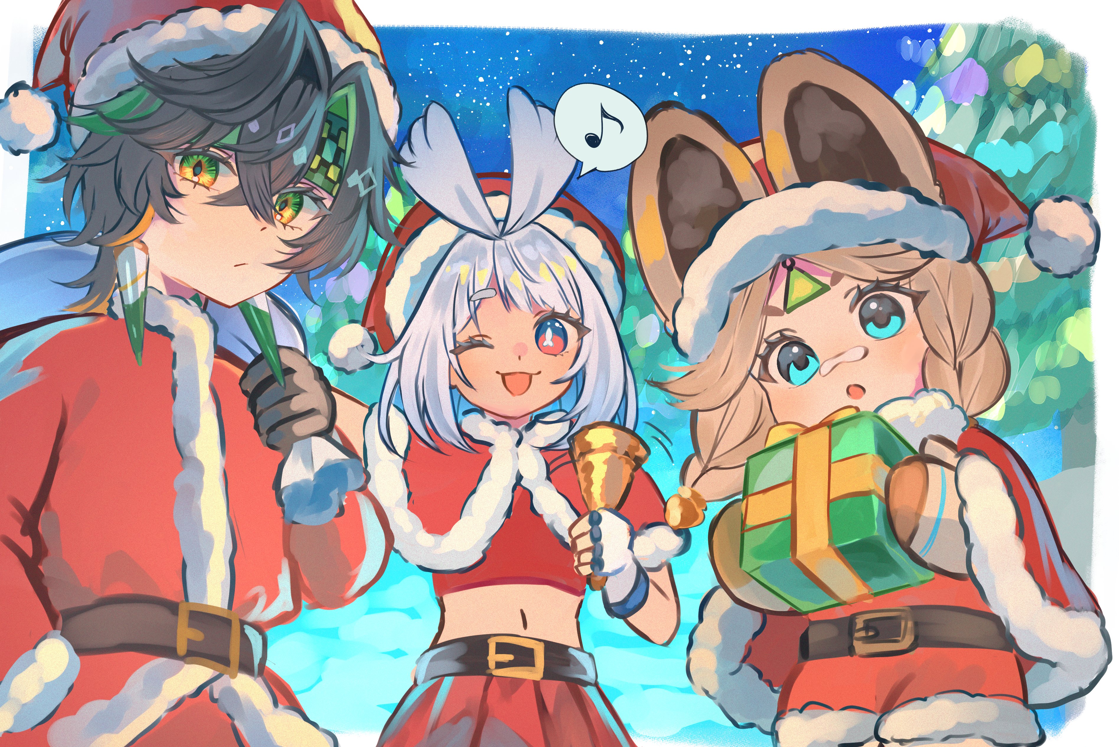 kachina (genshin impact), kinich (genshin impact), mualani (genshin impact), genshin impact, absurdres, commentary request, highres, 1boy, 2girls, belt, brown hair, christmas, closed mouth, cropped shirt, gift, hat, holding, holding sack, multiple girls, musical note, nanase sato, one eye closed, open mouth, sack, santa hat, speech bubble, yellow eyes