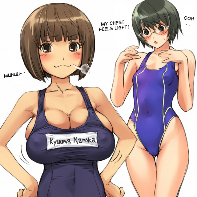 mosha, kyuuma nanoka, watase meguru, hatsukoi limited, translated, 2girls, blush, breasts, cleavage, glasses, multiple girls, role reversal, smile, swimsuit