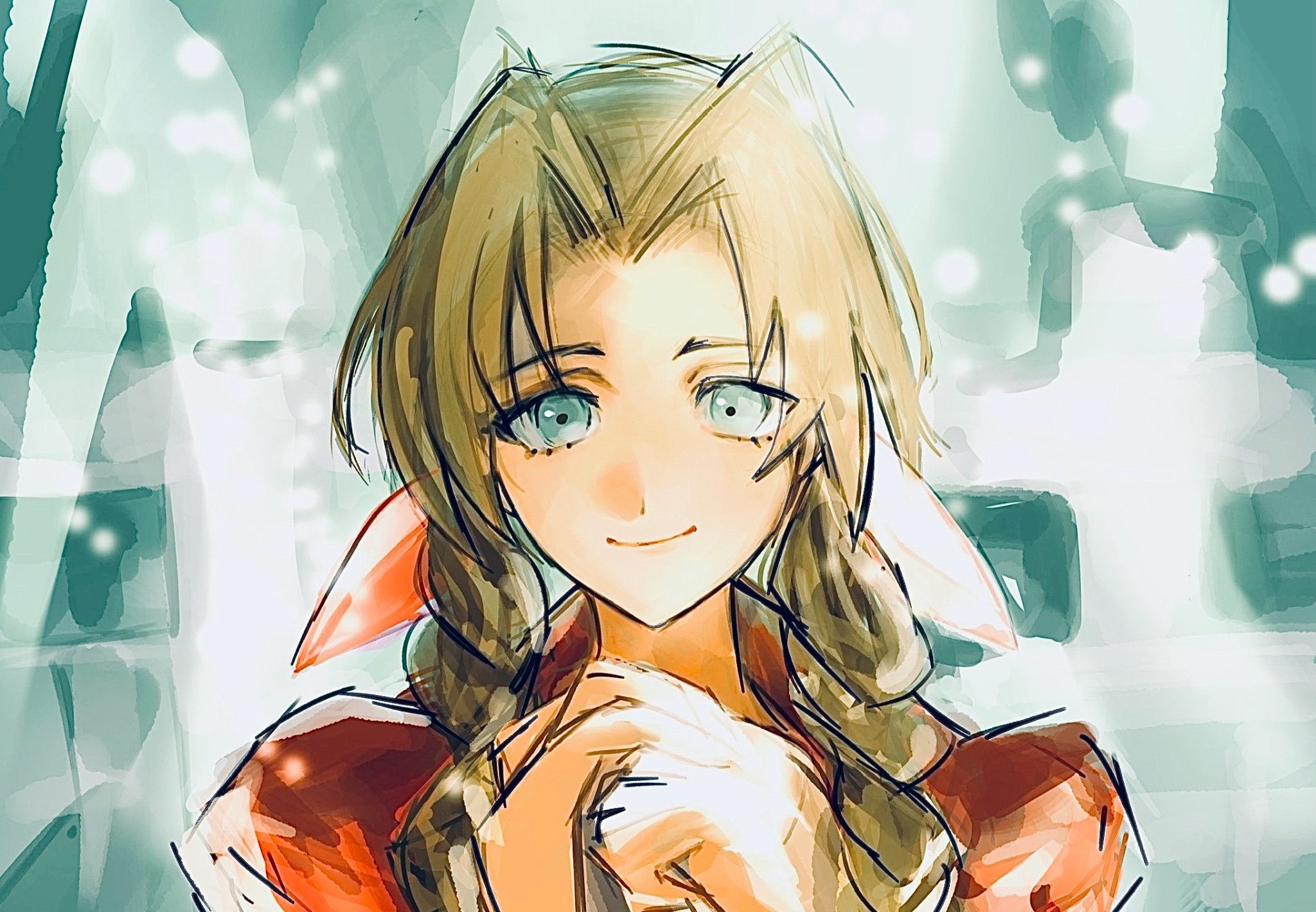 aerith gainsborough, final fantasy, final fantasy vii, commentary request, highres, 1girl, brown hair, closed mouth, cobalt0 027, green eyes, jacket, long hair, looking at viewer, own hands clasped, own hands together, parted bangs, pink ribbon, praying, red jacket, ribbon, sidelocks, sketch, smile, solo, sunlight, upper body