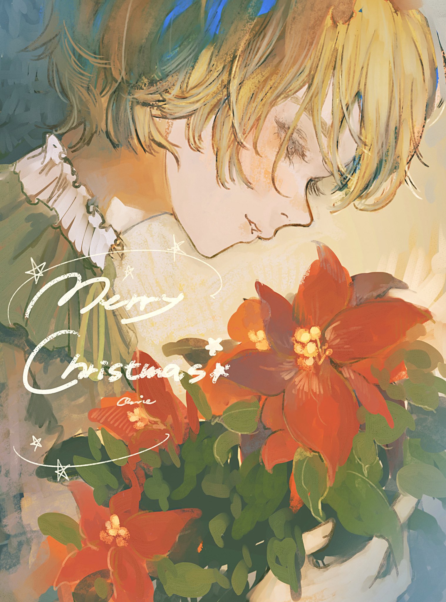 orie h, original, commentary request, highres, 1girl, blonde hair, blush, dress, flower, green dress, grey eyes, light smile, merry christmas, parted lips, poinsettia, red flower, short hair, solo, upper body