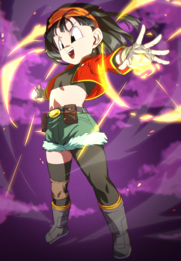 rom (20), pan (dragon ball), pan (xeno) (dragon ball), dragon ball, dragon ball heroes, commentary request, 1girl, bandeau, black bandeau, black eyes, black hair, cloud, energy beam, flat chest, green shorts, headband, jacket, midriff, navel, open clothes, open jacket, open mouth, orange headband, purple sky, red jacket, short hair, shorts, single leg pantyhose, sky, solo