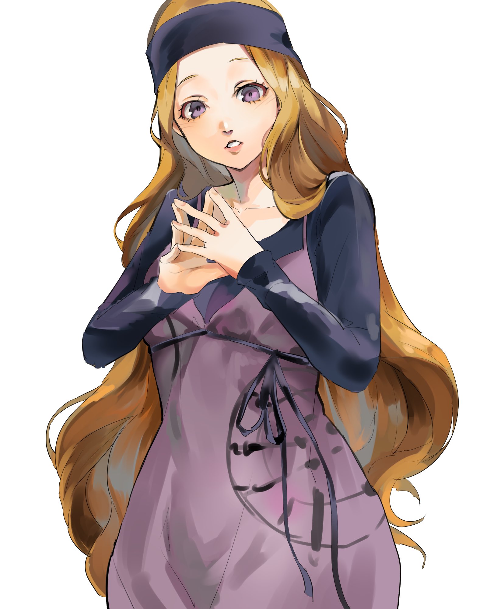 4me3ba niku, mifune chihaya, persona, persona 5, highres, 1girl, collarbone, cowboy shot, dress, dress over shirt, headband, long hair, long sleeves, looking at viewer, orange hair, own hands together, parted lips, pink lips, purple dress, purple eyes, purple headband, purple shirt, shirt, simple background, solo, very long hair, wavy hair, white background