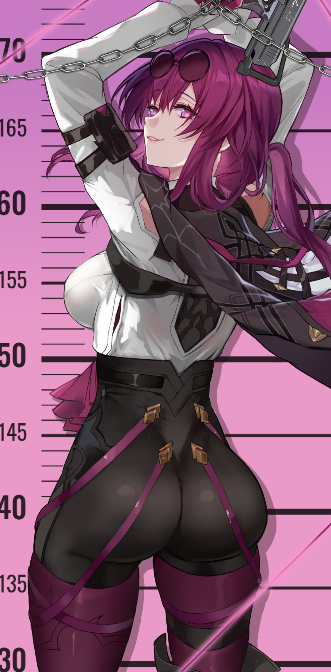 saint laurent paris, kafka (honkai: star rail), honkai: star rail, honkai (series), commentary request, highres, 1girl, arms up, ass, black jacket, black shorts, boots, breasts, chain, cowboy shot, from behind, gun, height mark, holding, holding gun, holding weapon, jacket, jacket on shoulders, large breasts, long hair, long sleeves, looking at viewer, looking back, no pupils, pantyhose, pantyhose under shorts, parted lips, pink background, ponytail, purple eyes, purple hair, purple pantyhose, shirt, shorts, single thigh boot, smile, solo, spider web print, thigh boots, weapon, white shirt