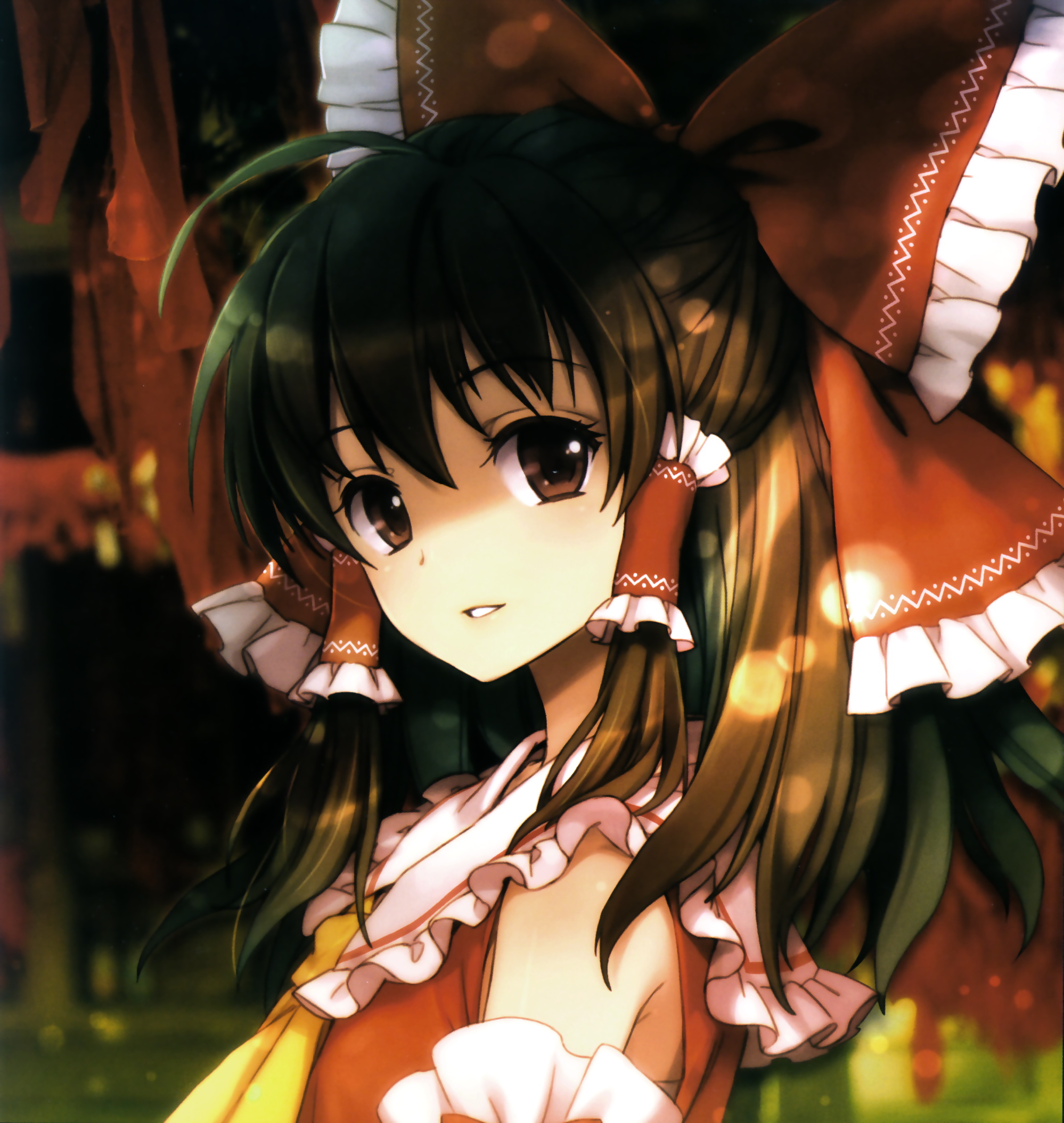 an2a, hakurei reimu, touhou, highres, 1girl, ascot, bow, detached sleeves, female focus, from side, hair bow, half updo, japanese clothes, miko, ribbon, smile, solo, yellow ascot