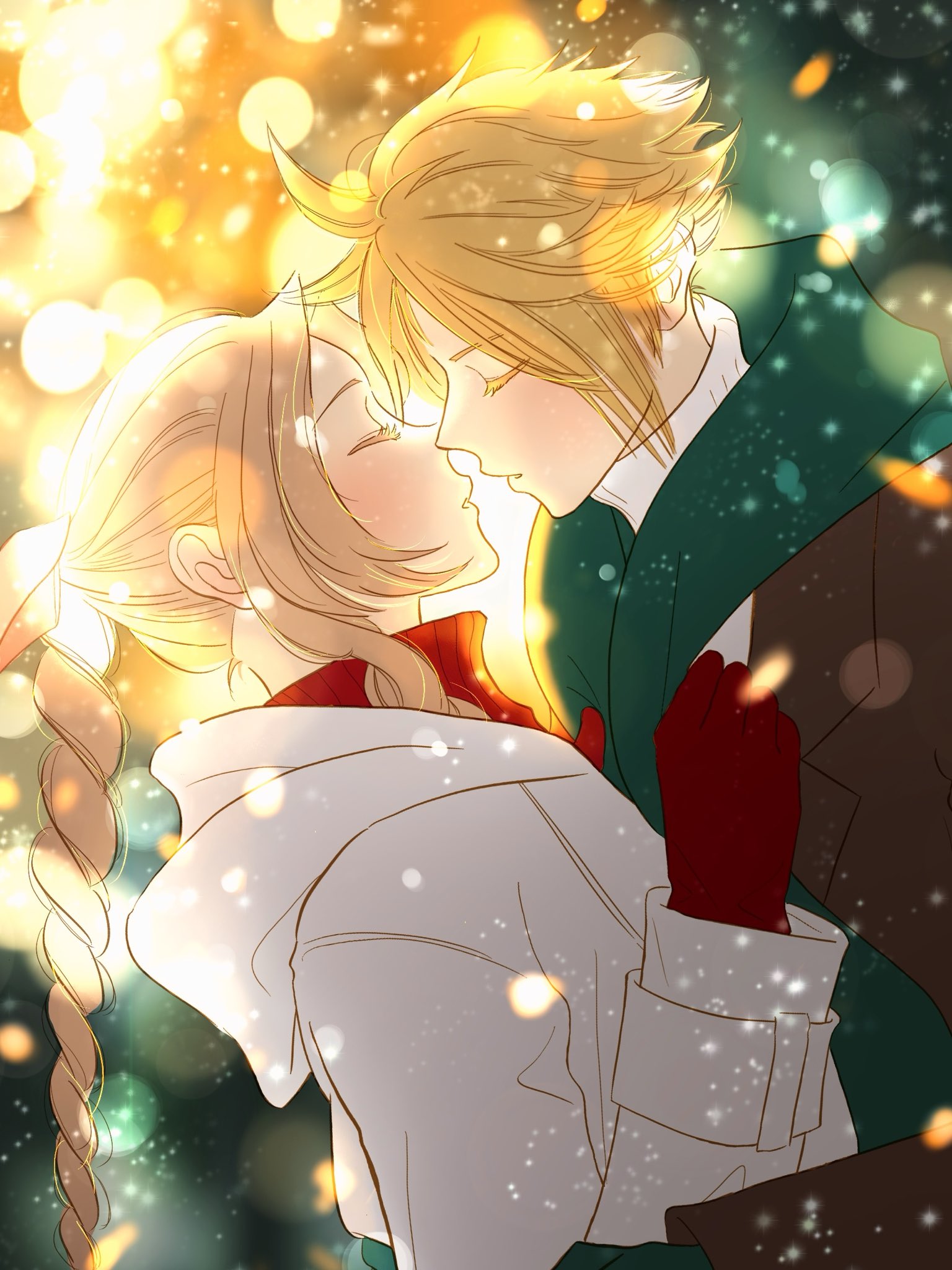 aerith gainsborough, cloud strife, final fantasy, final fantasy vii, commentary request, highres, 1boy, 1girl, 5ldijzsxe040384, alternate costume, arms around waist, blonde hair, blurry, bokeh, braid, braided ponytail, brown coat, brown hair, christmas, christmas lights, cloak, closed eyes, coat, couple, depth of field, gloves, green scarf, hair ribbon, hetero, hood, hooded cloak, imminent kiss, long hair, parted lips, pink ribbon, red gloves, red sweater, ribbon, scarf, short hair, single braid, spiked hair, sweater, upper body, white coat, white sweater