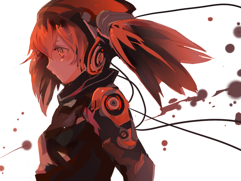 won (toufunokado), original, 1girl, armor, female focus, headphones, monochrome, red eyes, red hair, red theme, solo, twintails