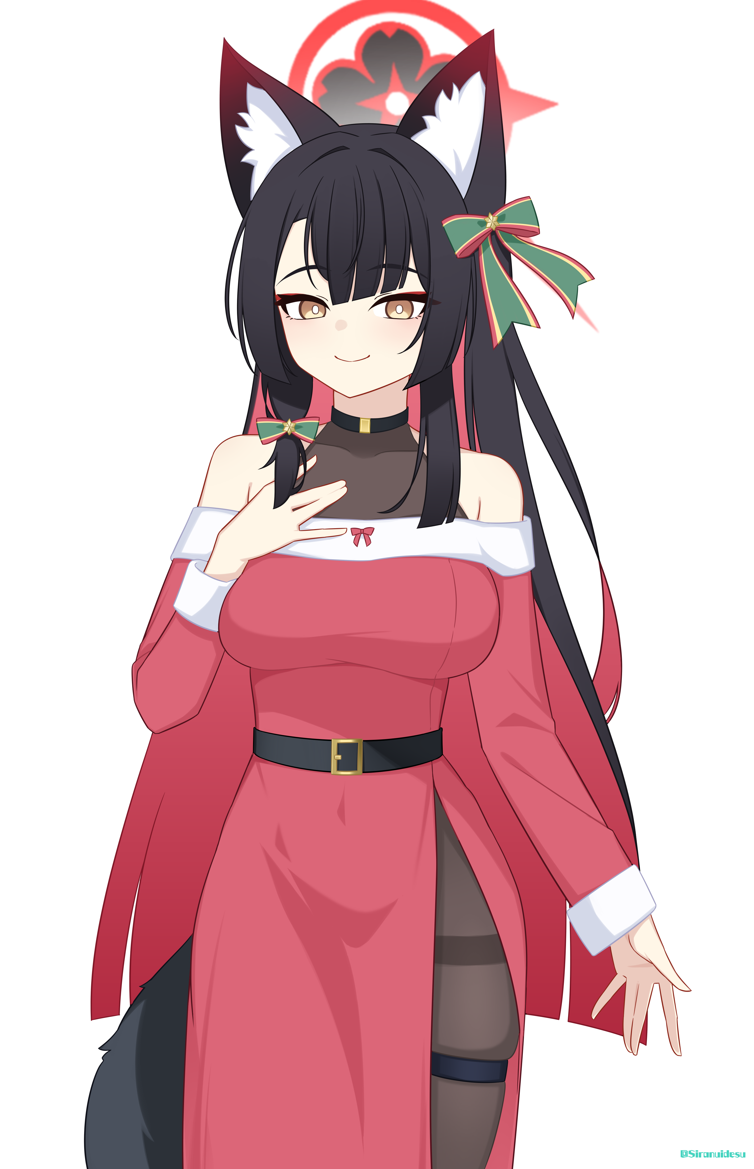 siranui desu, wakamo (blue archive), blue archive, absurdres, commentary request, highres, 1girl, alternate costume, animal ears, bare shoulders, belt, black belt, black hair, black halo, black pantyhose, bodysuit, bow, breasts, dress, eyeshadow, fox ears, fox girl, fox tail, hair bow, halo, hand on own chest, hand up, long hair, looking at viewer, makeup, medium breasts, multicolored hair, off-shoulder dress, off shoulder, pantyhose, red dress, red eyeshadow, red hair, red halo, santa costume, santa dress, skindentation, smile, solo, standing, tail, thigh strap, thighs, two-tone hair, very long hair, yellow eyes