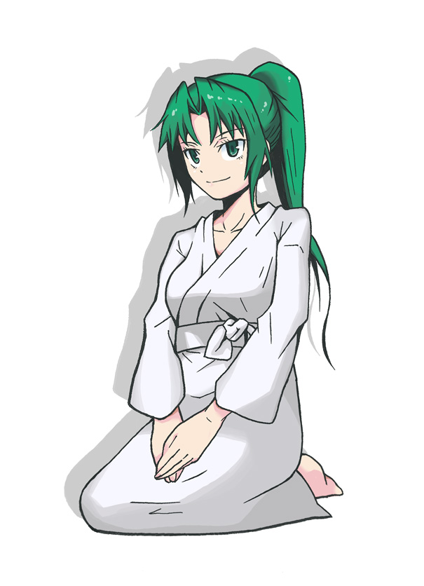 helping-hand, sonozaki mion, higurashi no naku koro ni, 00s, 1girl, female focus, full body, green eyes, green hair, japanese clothes, kimono, matching hair/eyes, ponytail, seiza, sitting, solo, white background, yukata