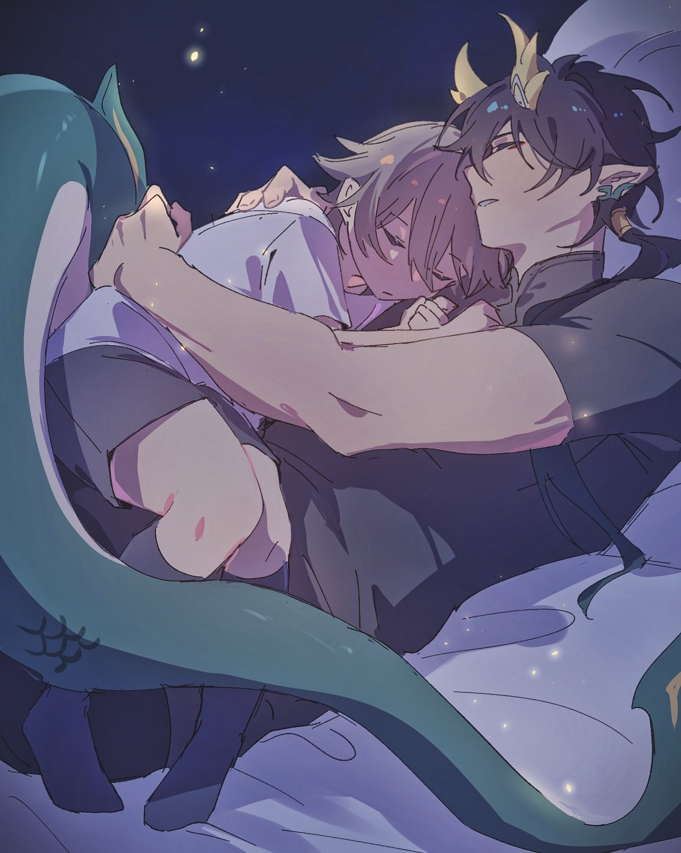 caelus (honkai: star rail), dan heng (honkai: star rail), trailblazer (honkai: star rail), honkai: star rail, honkai (series), commentary request, highres, 2boys, black socks, closed eyes, horns, lying, multiple boys, on back, pointy ears, short hair, sleeping, socks, tail, teeth, xianshuipao