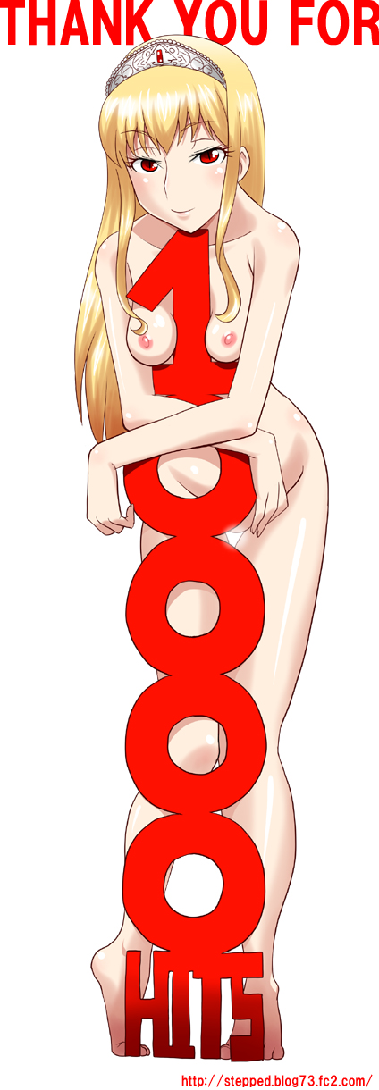 hinoki (hinoki-buro), hime (kaibutsu oujo), kaibutsu oujo, highres, long image, tall image, 00s, between breasts, blonde hair, breasts, milestone celebration, nude, red eyes, tiara