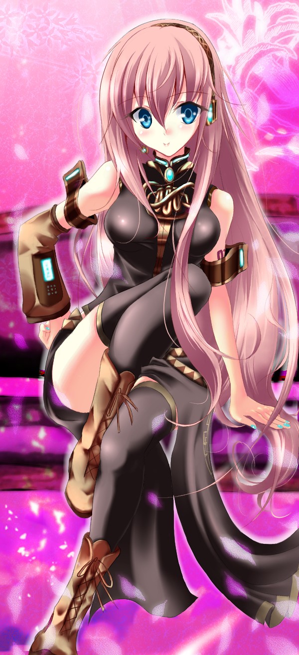 kujou ichiso, megurine luka, vocaloid, bad id, bad pixiv id, highres, 1girl, blue eyes, blush, boots, breasts, female focus, headphones, long hair, pink hair, smile, solo, thighhighs, very long hair