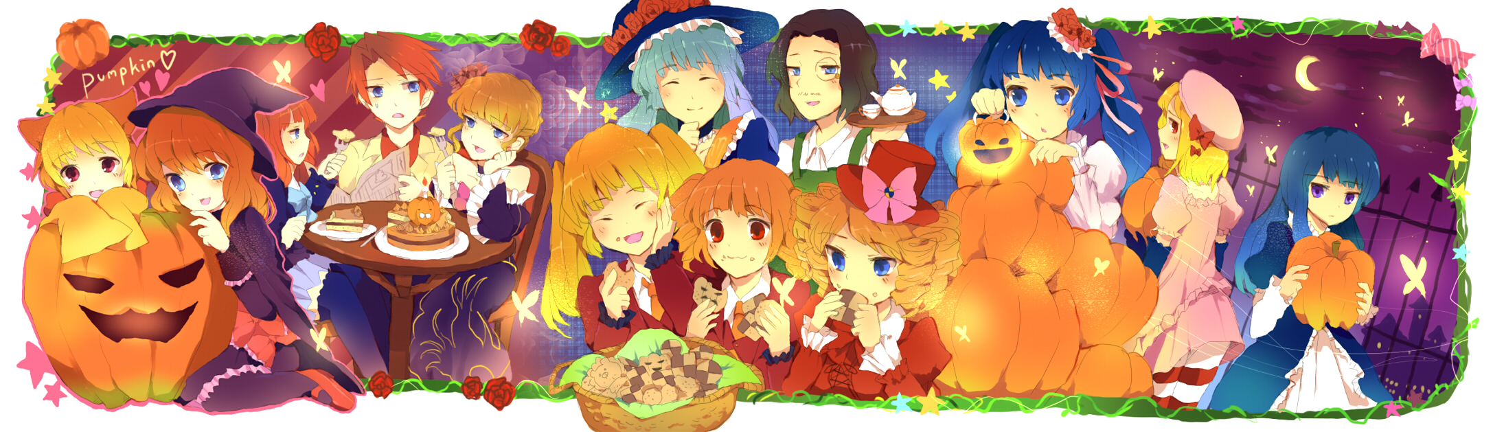 konoka, asmodeus (umineko), beatrice (umineko), beelzebub (umineko), frederica bernkastel, furudo erika, gaap (umineko), lambdadelta, maria (umineko), ronove (umineko), sakutarou (umineko), stakes of purgatory, ushiromiya ange, ushiromiya battler, virgilia (umineko), umineko no naku koro ni, bad id, bad pixiv id, highres, long image, wide image, 00s, 3boys, 6+girls, bat (animal), bug, butterfly, candy, cookie, flower, food, halloween, hat, heart, insect, jack-o'-lantern, moon, multiple boys, multiple girls, pantyhose, pie, pumpkin, rose, star (symbol), sweets, witch hat