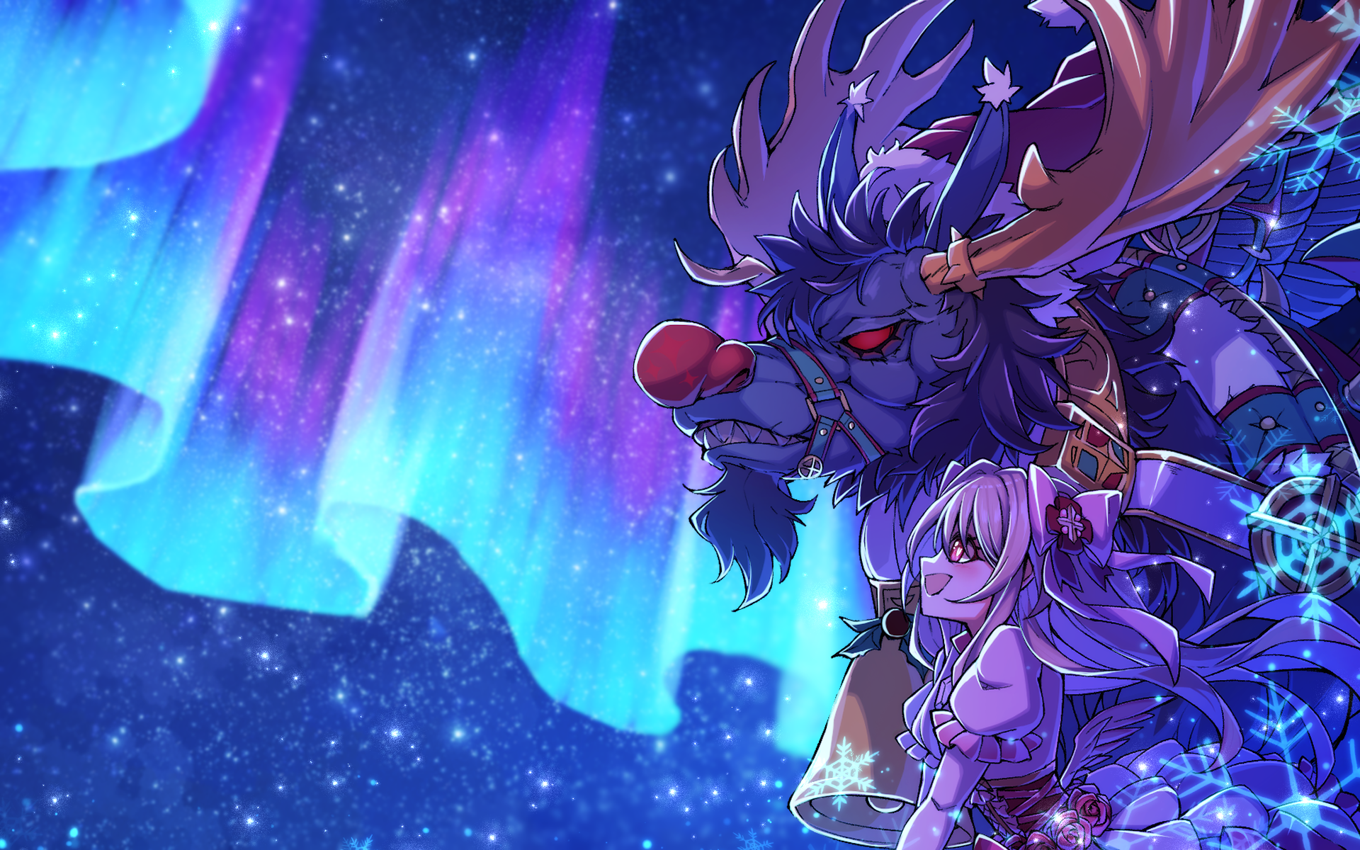 ruisuke, chaos marie (grimms notes), grimms notes, bad id, bad pixiv id, highres, unfinished, 1girl, aurora, christmas, corset, frilled sleeves, frills, hair intakes, hair ribbon, hat, heart, heart-shaped pupils, long hair, long sidelocks, looking up, pink eyes, profile, puffy sleeves, red corset, red eyes, red nose, reindeer, ribbon, rudolph the red nosed reindeer (grimms notes), santa hat, sharp teeth, shirt, sidelocks, snowflakes, symbol-shaped pupils, teeth, white shirt, wings