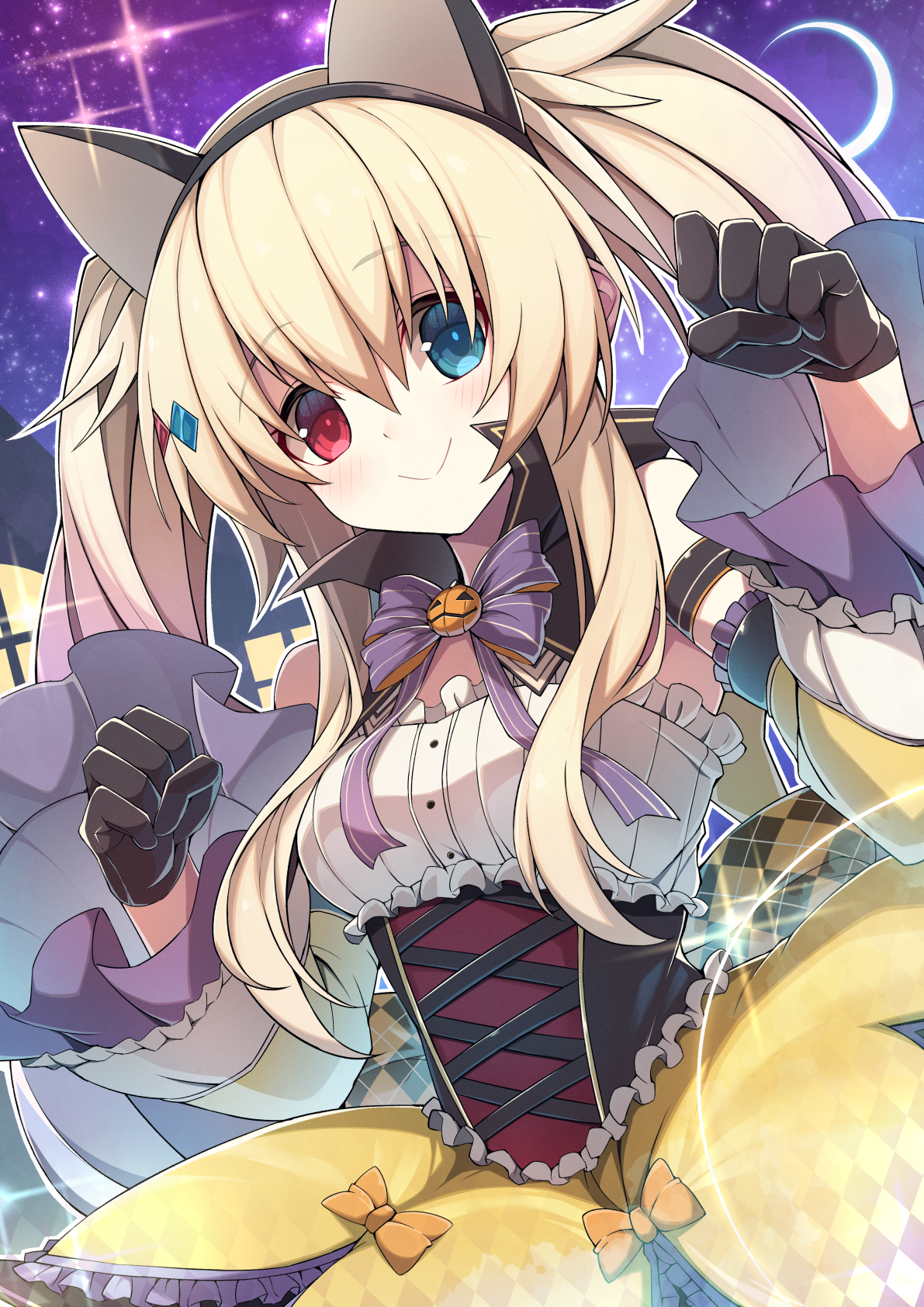 ruisuke, alice (grimms echoes), grimms echoes, highres, 1girl, animal ear hairband, animal ears, black corset, black gloves, bow, breasts, cat ear hairband, cat ears, closed mouth, corset, fake animal ears, frilled sleeves, frills, gloves, hair between eyes, hairband, hands up, heterochromia, long hair, long sidelocks, looking at viewer, orange bow, sidelocks, skirt, smile, solo, twintails, very long hair, wide sleeves, yellow skirt