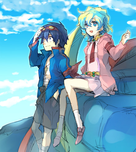 kuroemon, nia teppelin, simon (ttgl), tengen toppa gurren lagann, + +, 00s, 1boy, 1girl, aged down, blue hair, cloud, cross-shaped pupils, day, dress, goggles, goggles on head, hood, hoodie, multicolored hair, pink dress, pink skirt, sarashi, short hair, sitting, skirt, sky, smile, symbol-shaped pupils, two-tone hair
