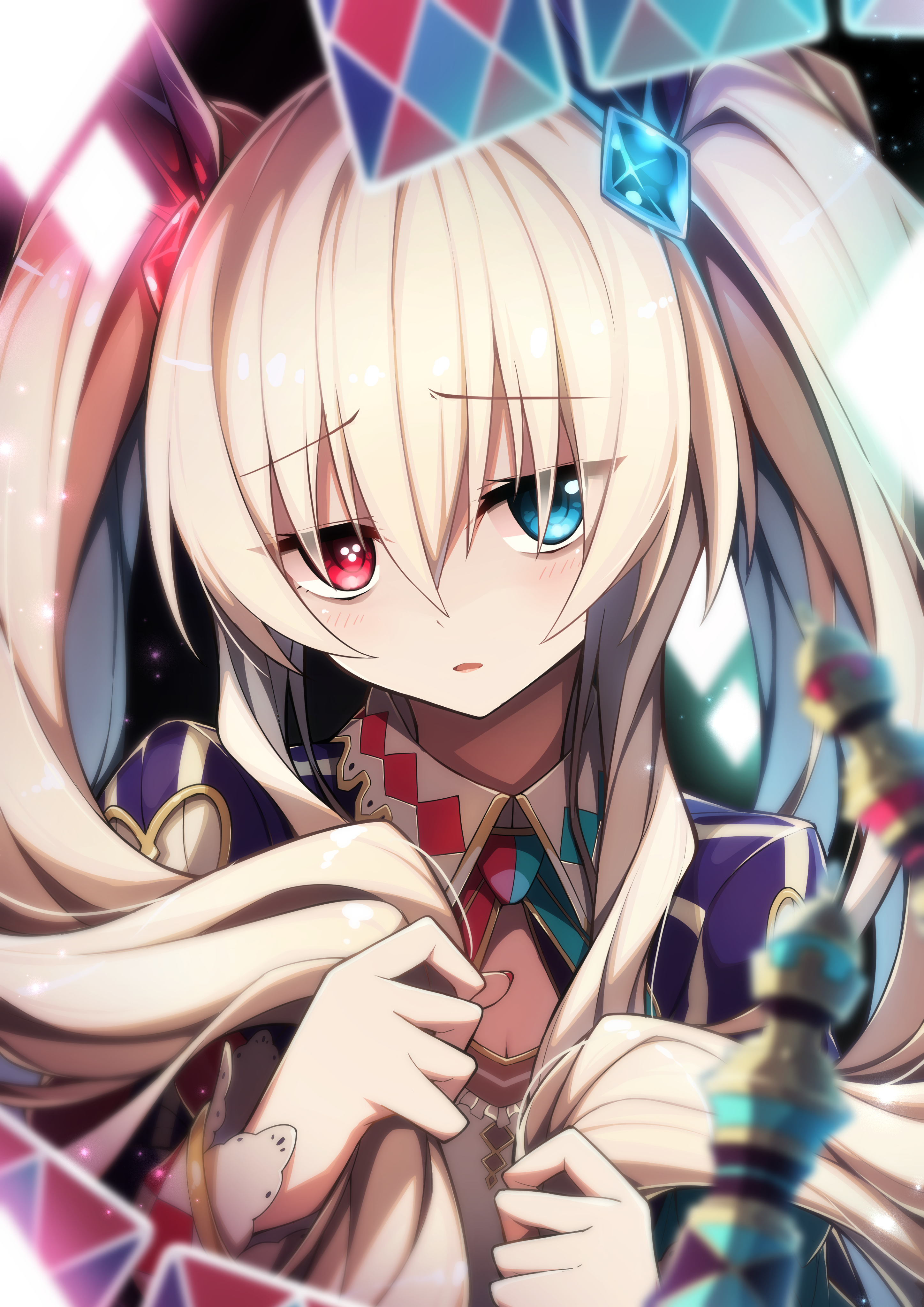 ruisuke, chaos alice (grimms notes), chaos alice (original) (grimms notes), grimms notes, absurdres, highres, 1girl, blonde hair, blue eyes, breasts, card, clothing cutout, grabbing own hair, hair ornament, heart cutout, heterochromia, holding, holding own hair, long hair, long sidelocks, looking at viewer, parted lips, playing card, red eyes, sidelocks, solo, striped clothes, twintails, upper body, very long hair