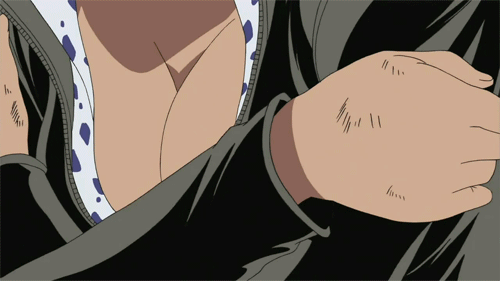 nico robin, nico robin (water 7), one piece, animated, animated gif, anime screenshot, lowres, 1girl, breasts, cleavage, close-up, detached sleeves, enies lobby, female focus, holding own arm, injury, large breasts, solo