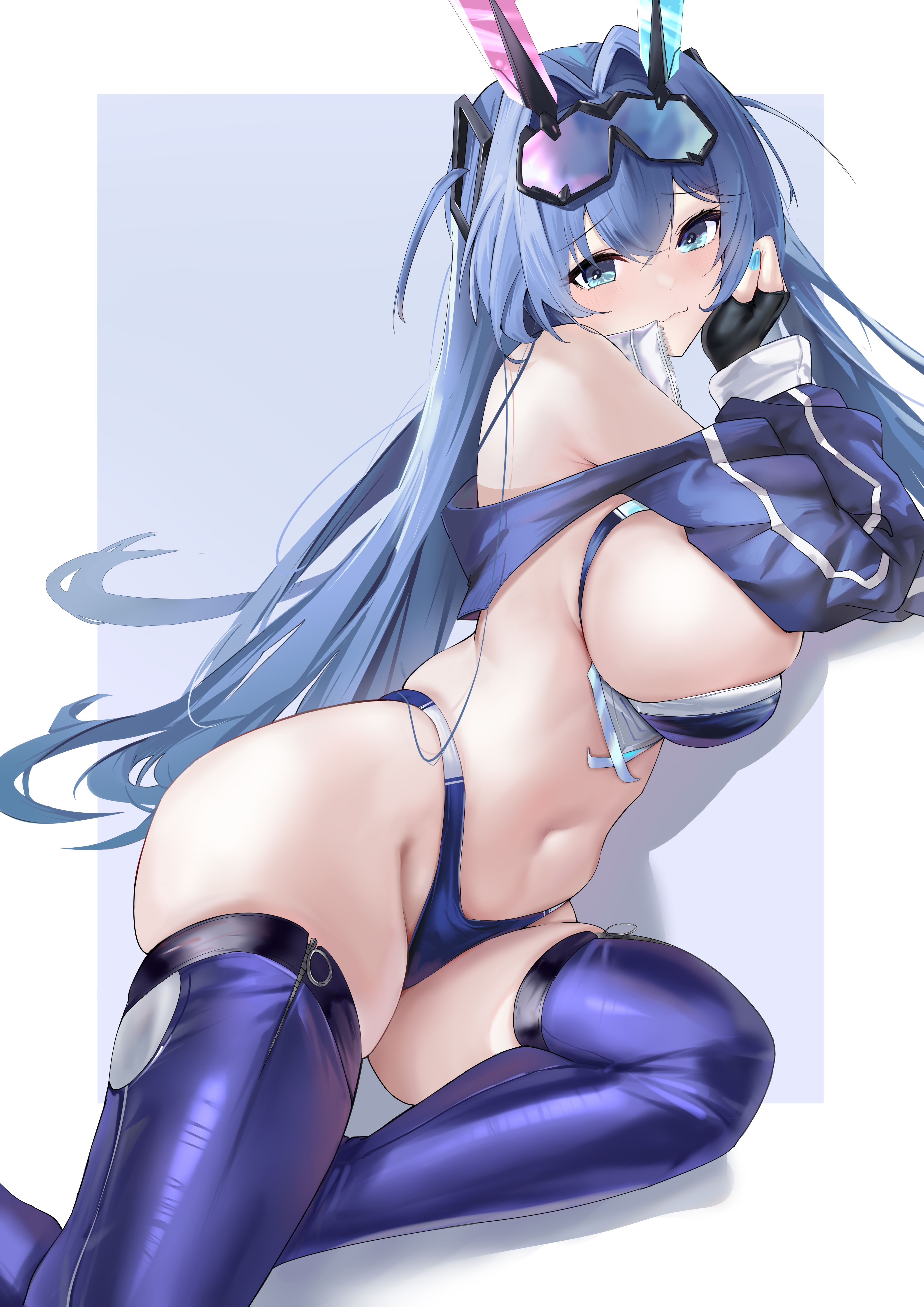 zi liuluo, new jersey (azur lane), new jersey (black blur prelude) (azur lane), azur lane, absurdres, commentary request, highres, 1girl, bare shoulders, black gloves, blue background, blue eyes, blue hair, blue panties, blue shrug, blue thighhighs, breasts, eyewear on head, feet out of frame, fingerless gloves, gloves, gradient-tinted eyewear, large breasts, long hair, looking at viewer, official alternate costume, panties, race queen, shrug (clothing), solo, thighhighs, tinted eyewear, two-tone background, underwear, white background