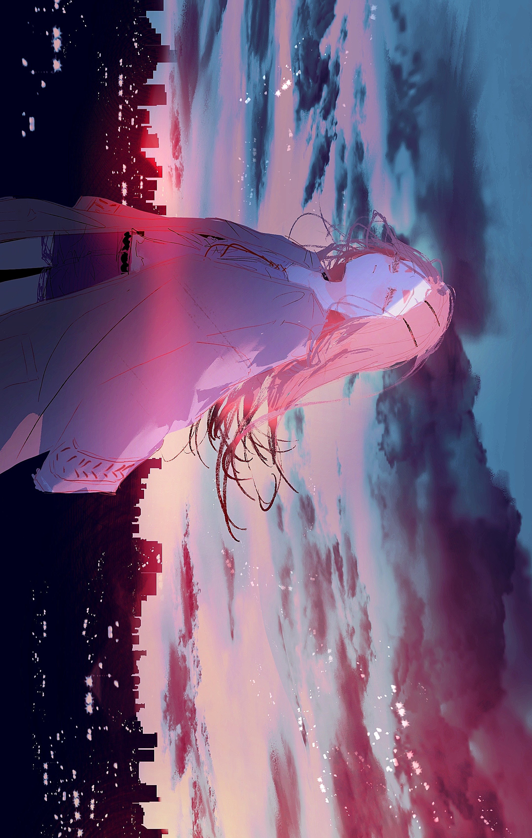 dnamaguro, shinosawa hiro, gakuen idolmaster, idolmaster, absurdres, commentary request, highres, 1girl, city, cityscape, closed eyes, closed mouth, hair ornament, hairpin, long hair, sky, solo